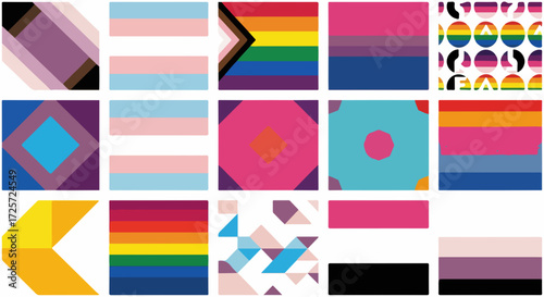 Fifteen various pride flags arranged in a grid pattern show LGBT symbols, representing the diversity and inclusion of identities.
