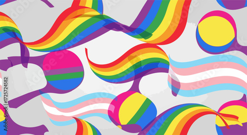 Pride flag background featuring rainbow colors and different LGBTQ+ flags. Pride flag composition displays vibrant and colorful rainbow, transgender, bisexual, and pansexual flags.