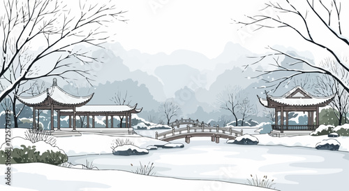 Winter landscape with pavilions and frozen lake, a winter landscape with peaceful scenery. Winter landscape features architecture and bare trees on frozen water, conveying tranquility.