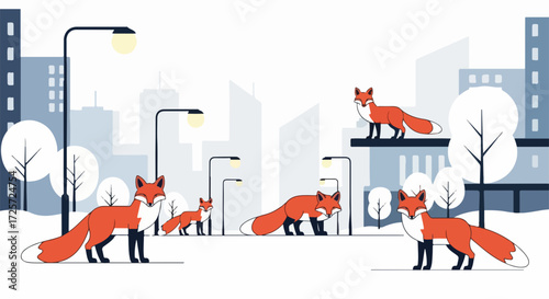 Foxes in city park, cute animal scene showing wild canids. Foxes, walking, sleeping, standing on platforms in city park, surrounded by streetlights and snow.