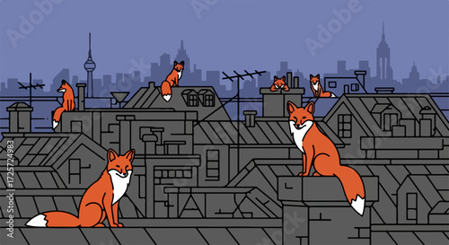 Foxes on rooftops with city skyline as background, cartoon fox illustration. Foxes create urban wildlife scenery, charming cartoon fox art on rooftops. Creative foxes on rooftops as humorous concept.