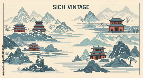 Winter landscape with asian architecture shows snow-covered mountains and traditional buildings. Winter landscape with asian architecture is great for festive background,