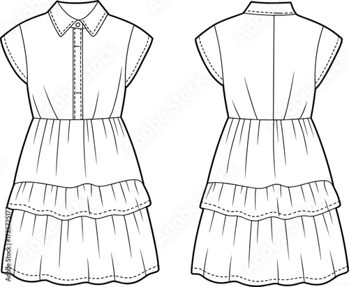 Women’s sleeveless tiered ruffle dress fashion flat sketch, collared button front dress design, stylish apparel illustration, garment technical drawing template
