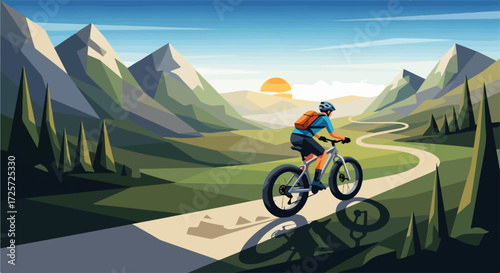 Mountain biking adventure through hills at sunset, with winding trail. A thrilling mountain biking ride surrounded by natural landscapes and mountains; experience exciting outdoor mountain biking.