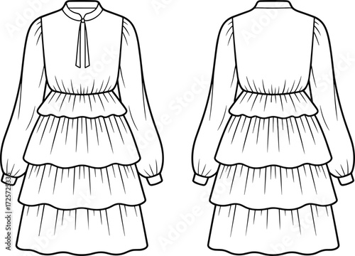 Elegant women’s tiered ruffle dress fashion flat sketch, long sleeve gown design, stylish apparel illustration, professional clothing template drawing