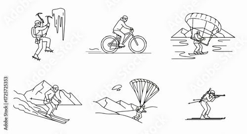 Exploring extreme sports presented as a graphic icon set, featuring climbing, biking, and skiing for high-adrenaline activities. Extreme sports offer thrilling experiences in nature with hang gliding,