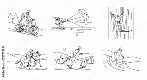 Graphic set sport activities showing extreme outdoor adventures including sport activities like cycling, kitesurfing, climbing, polo, snowshoeing and surfing.