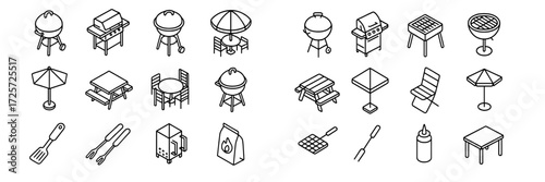 Grill tools and outdoor furniture for summer barbecues and gatherings in backyards