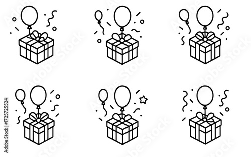 Colorful gift boxes with balloons and confetti for a festive celebration