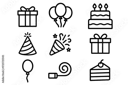 Celebration elements featuring balloons, gifts, cake, and party hats for festive events and gatherings
