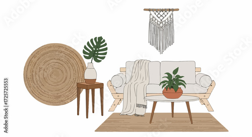 Interior design illustration showcases a comfortable living space, featuring modern furniture and plants. Interior design with contemporary sofa,
