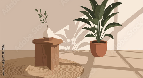 Interior design with plants creates a calming and serene indoor space filled with natural light and minimal furniture. Interior design with plants emphasizes simplicity and organic elements,