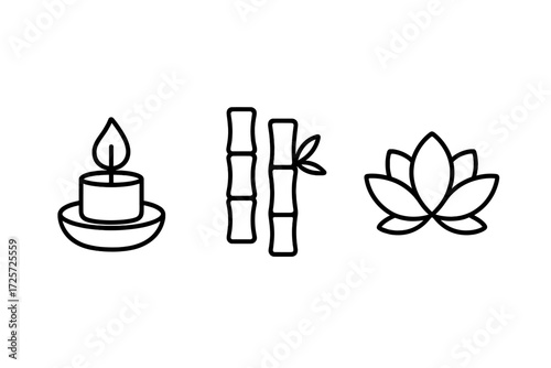 Simple line art of a candle, bamboo sticks, and a lotus flower for relaxation and meditation themes