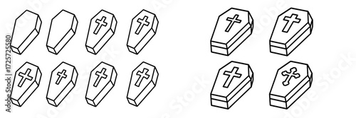Various styles of coffins arranged in two groups displayed on a simple background for design purposes