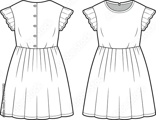 Women’s short sleeve ruffle dress fashion flat sketch, back button design gown, elegant apparel illustration, stylish garment technical drawing template