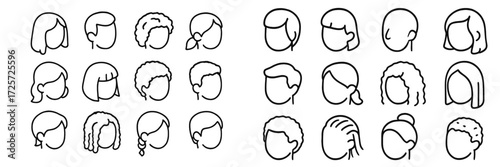 Different hairstyles represented in simple line drawings showcasing various looks for both genders and different age groups