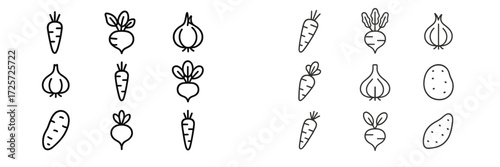 Colorful arrangement of various vegetables including carrots, radishes, onions, and potatoes in a simple line art style