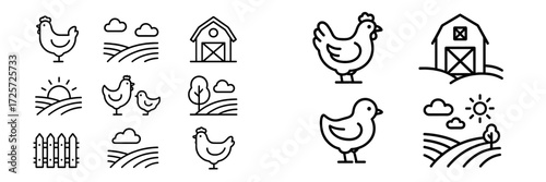 Farm scene with various chicken illustrations, barns, landscapes, and natural elements in a simple, minimalist style