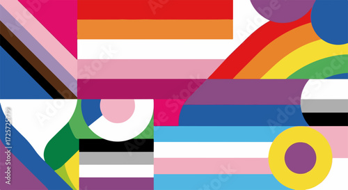 Pride flag collage for social awareness and acceptance. Pride flag colors combine in pattern showing movement toward unity, freedom and tolerance.