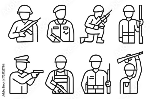 Military personnel in various poses and uniforms showcasing skills and readiness for duty in a training setting