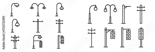 Various designs of street lighting and traffic signals in black outline style showcasing urban infrastructure