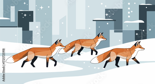 Urban foxes in snowy landscape against a city backdrop are exploring icy terrain, urban foxes showing resilience and adaptability. These urban foxes survive and thrive in unexpected environments,
