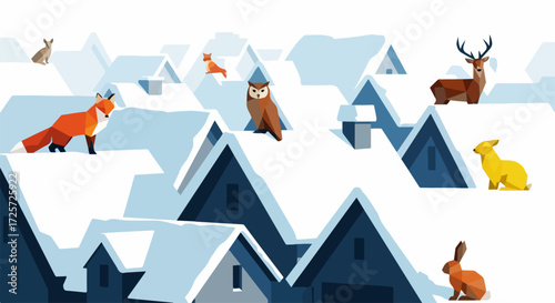 Winter scene showing animals on snowy rooftops, winter scene depicts wildlife among abstract houses under snow. Animals on snowy rooftops provide winter scene as animals gather in winter landscape.
