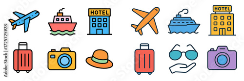 Travel icons with airplane, hotel, and suitcase illustrations for vacation planning and adventures