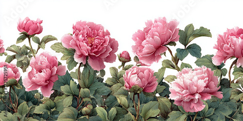 Delicate watercolor illustration of pink peonies in full bloom with lush green foliage, forming a romantic floral border for invitations and decorative projects.