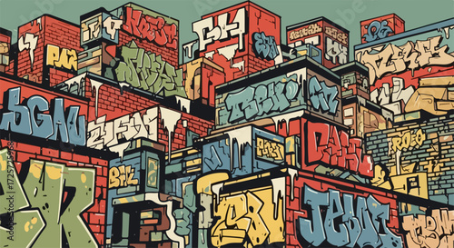 Urban graffiti artwork shows elaborate tags and stylistic letter forms on city buildings. Urban graffiti decorates brick walls, illustrating raw expressions and community messages,