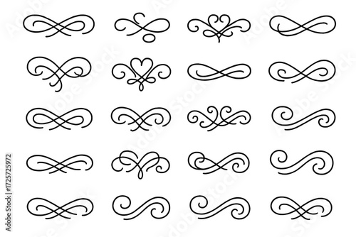 Decorative flourishes and intricate designs arranged in various patterns on a blank background for creative inspiration