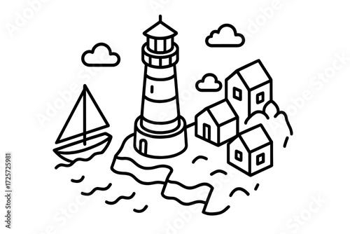Scenic coastline with lighthouse and sailboat near quaint houses on a sunny day