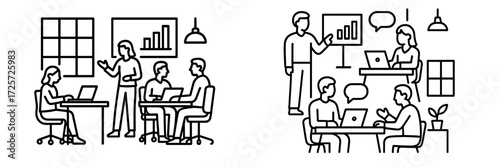 Group of people discussing data analysis in a modern office setting during the daytime