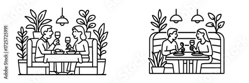 Couples enjoying a romantic dinner in a cozy restaurant setting with plants