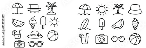 Summer fun collection with beach elements, tropical fruits, and activities for sunny days