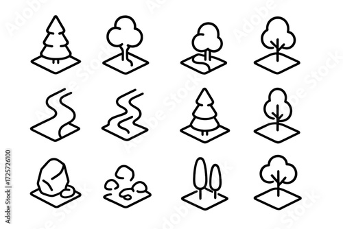 Collection of simple nature icons showing trees, rocks, and paths for design or educational use