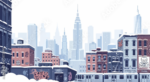 Winter in NYC shows city skyline view with urban buildings and fresh snow. Snowy Winter in NYC highlights snowy roofs on brick buildings, as snow covers the cityscape and a subway passes.