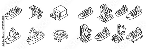 Cargo handling and shipping activities in a busy port scene featuring container ships and cranes