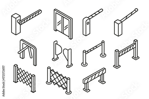 Different types of barriers and gates used in various locations and settings for security and access control