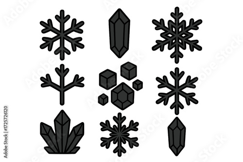 Designs of snowflakes and crystals in a simple black outline style ideal for winter themes and craft projects