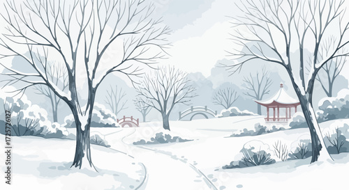 Snow scene depicts winter landscape with bare trees and snow covered ground, creating serene atmosphere. Winter landscape reveals details of snow, trees, bridge and pavilion, forming wintry panorama.