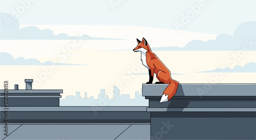 Fox on building, a sleek orange fox perched high above, gazing over urban expanse. Fox resting, its vibrant coat contrasting with gray rooftops. This fox on building imagery evokes city wildlife,