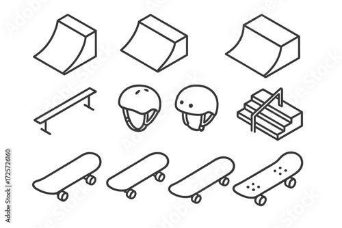 Collection of skateboard ramps, helmets, and boards for an urban skate park design