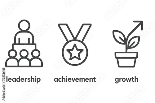 Concepts of leadership, achievement, and growth illustrated through simple icons representing personal development