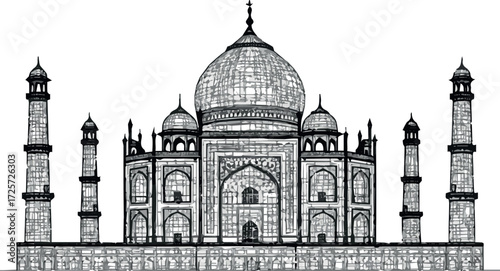 Create Silhouette of the Taj mahal with minarets and domes against a white background showing architecture created with generative