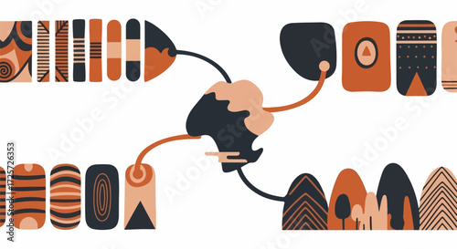 Connecting shapes illustrates connectivity through abstract art with symmetrical elements. Abstract art creates focal point, drawing eyes to center with connected shapes, forming balance.