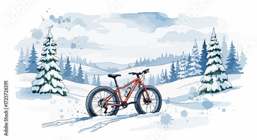 Fat bike in winter wonderland, scenic winter landscape featuring bike resting in snow. Bike in winter landscape is part of active winter adventure.