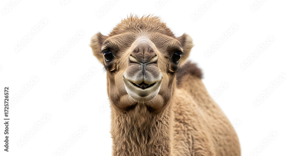Fototapeta premium Close up of a camel with light brown fur and a white background looking directly at the camera lens