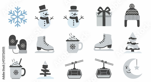 Winter icons set presenting cute snowmen, snowflakes, and cable cars in a fun arrangement. Winter icons symbolize holiday activities, ice skating, and festive cheer,