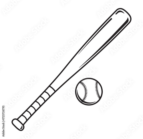 Baseball bat and baseball graphic black and white vector illustration for sports design